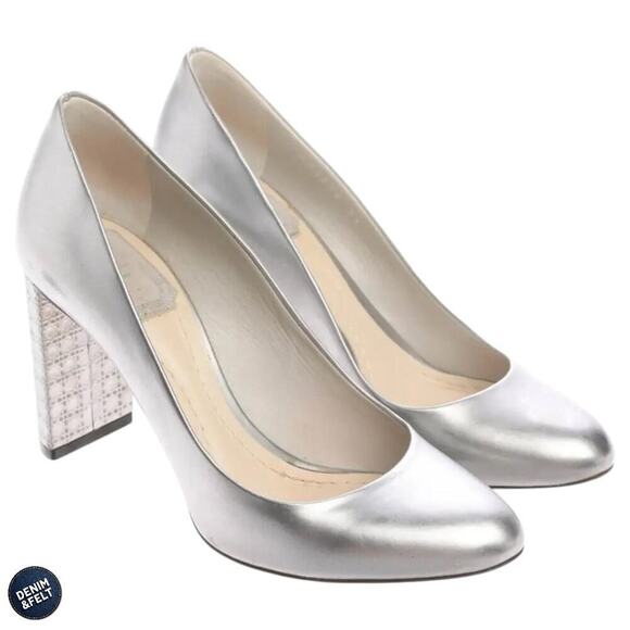 Christian Dior Cannage Block Heel Pumps 38.5 Silver Metallic Made in Italy - Picture 2 of 15